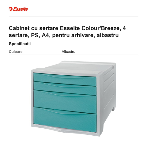 Cabinet cu sertare Esselte Colour'Breeze, 4 sertare, PS, A4, pentru arhivare, albastru [2]