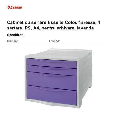 Cabinet cu sertare Esselte Colour'Breeze, 4 sertare, PS, A4, pentru arhivare, lavanda [2]