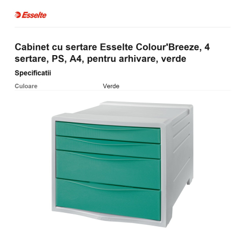 Cabinet cu sertare Esselte Colour'Breeze, 4 sertare, PS, A4, pentru arhivare, verde [2]