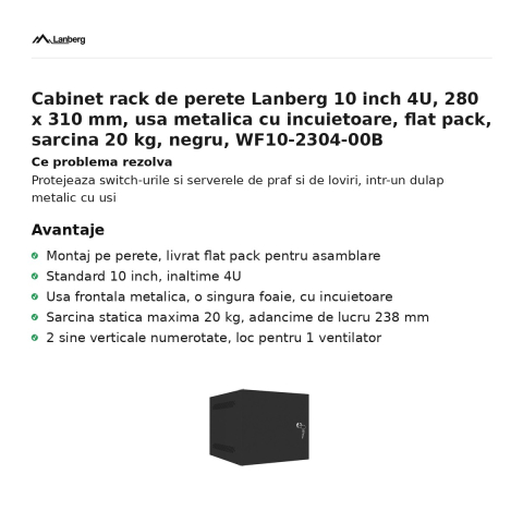Cabinet rack de perete Lanberg 10 inch 4U, 280 x 310 mm, usa metalica cu incuietoare, flat pack, sarcina 20 kg, negru, WF10-2304-00B [1]