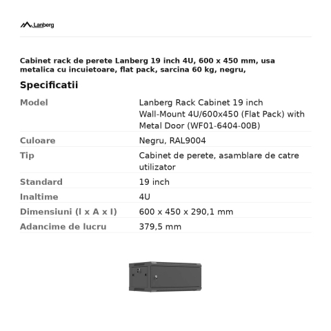 Cabinet rack de perete Lanberg 19 inch 4U, 600 x 450 mm, usa metalica cu incuietoare, flat pack, sarcina 60 kg, negru, WF01-6404-00B [2]