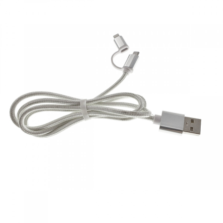 Cablu 2 in 1, USB 2.0 tata la microUSB tata si lightning 8 pin tata, lungime 90 cm, invelis textil, argintiu cu alb [1]