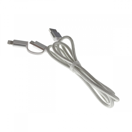 Cablu 2 in 1, USB 2.0 tata la microUSB tata si lightning 8 pin tata, lungime 90 cm, invelis textil, argintiu cu alb [4]