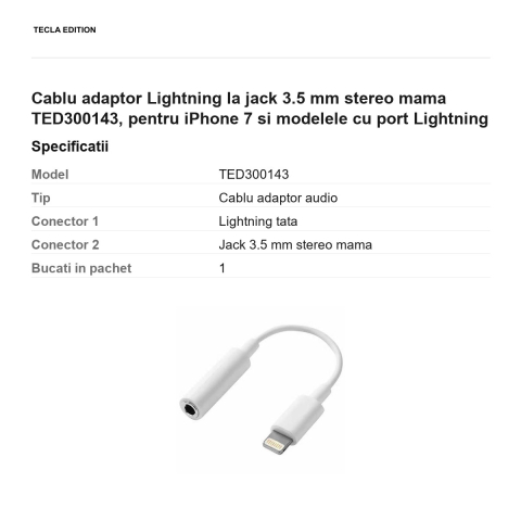 Cablu adaptor Lightning la jack 3.5 mm stereo mama TED300143, pentru iPhone 7 si modelele cu port Lightning [2]