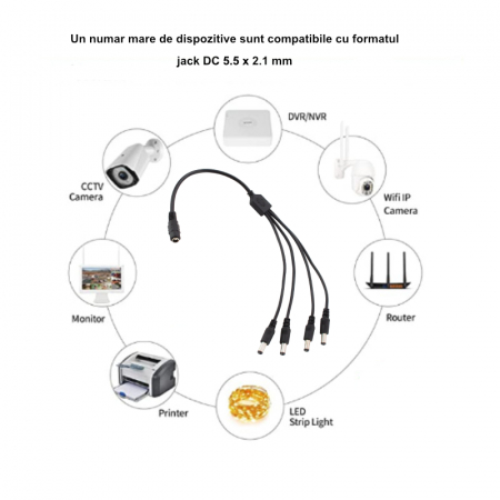 Cablu alimentare splitter 1 la 4, 5.5x2.1 mm, PR-5584-BK, 40cm, CC/DC, pentru strip LED, camere, negru [5]