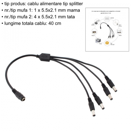 Cablu alimentare splitter 1 la 4, 5.5x2.1 mm, PR-5584-BK, 40cm, CC/DC, pentru strip LED, camere, negru [4]