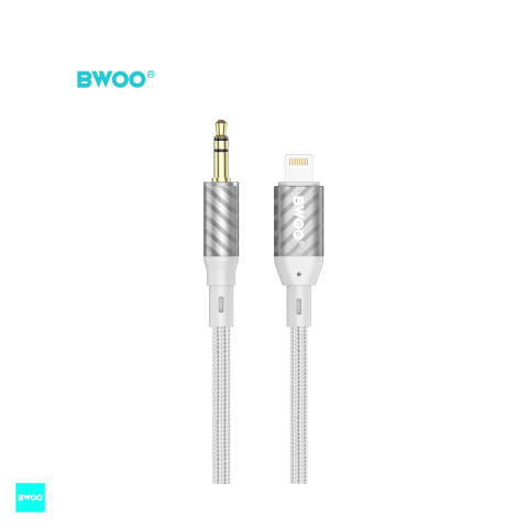 Adaptoare smartphone - Cablu audio BWOO AUX073, Jack 3.5 mm tata la tip Lightning tata, cablu cu invelis exterior din nylon impletit cu lungime 1m intarit la capete, pentru conectarea dispozitivelor la sisteme audio, gri