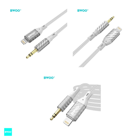 Cablu audio BWOO AUX073, Jack 3.5 mm tata la tip Lightning tata, cablu cu invelis exterior din nylon impletit cu lungime 1m intarit la capete, pentru conectarea dispozitivelor la sisteme audio, gri [3]