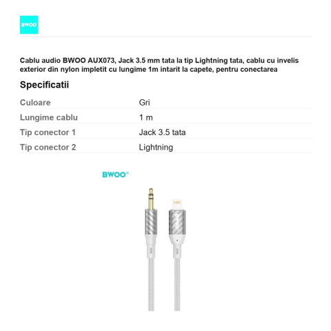 Cablu audio BWOO AUX073, Jack 3.5 mm tata la tip Lightning tata, cablu cu invelis exterior din nylon impletit cu lungime 1m intarit la capete, pentru conectarea dispozitivelor la sisteme audio, gri [2]