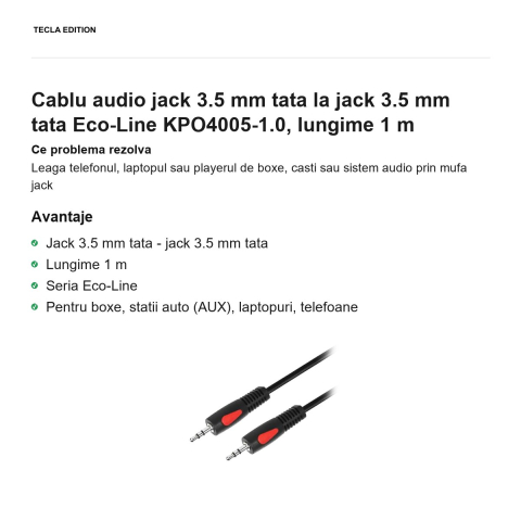 Cablu audio jack 3.5 mm tata la jack 3.5 mm tata Eco-Line KPO4005-1.0, lungime 1 m [1]