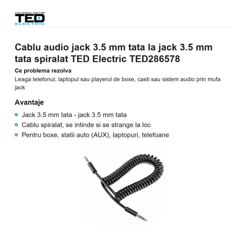 Cablu audio jack 3.5 mm tata la jack 3.5 mm tata spiralat TED Electric TED286578 [1]