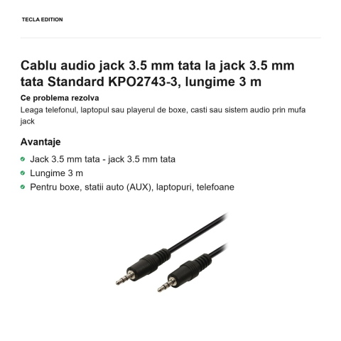 Cablu audio jack 3.5 mm tata la jack 3.5 mm tata Standard KPO2743-3, lungime 3 m [1]