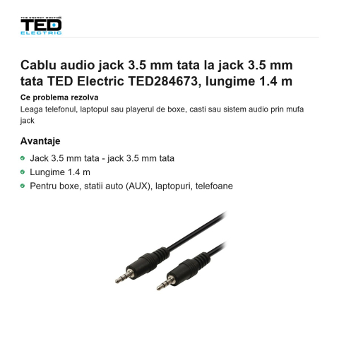Cablu audio jack 3.5 mm tata la jack 3.5 mm tata TED Electric TED284673, lungime 1.4 m [1]