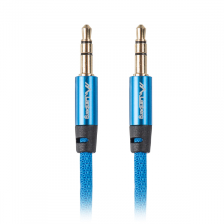 Cu mufa jack 3.5 - Cablu audio premium, lungime 2 m, jack 3.5 mm tata la jack 3.5 mm tata, Lanberg 41628, cu invelis textil, 3 pini, stereo, albastru