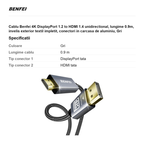 Cablu Benfei 4K DisplayPort 1.2 to HDMI 1.4 unidirectional, lungime 0.9m, invelis exterior textil impletit, conectori in carcasa de aluminiu,  Gri [2]