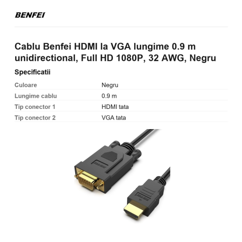 Cablu Benfei HDMI la VGA lungime 0.9 m unidirectional, Full HD 1080P, 32 AWG, Negru [2]