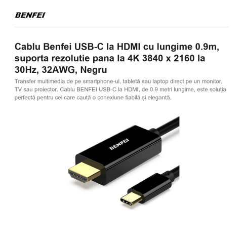 Cablu Benfei USB-C la HDMI cu lungime 0.9m, suporta rezolutie pana la 4K 3840 x 2160 la 30Hz, 32AWG, Negru [1]