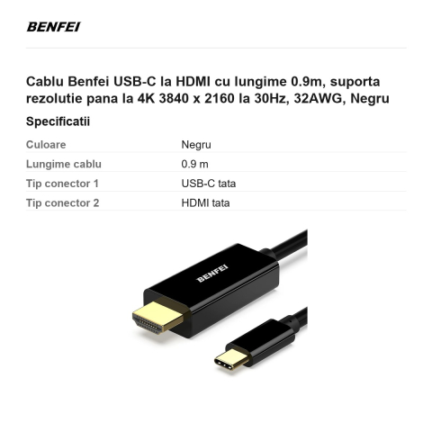 Cablu Benfei USB-C la HDMI cu lungime 0.9m, suporta rezolutie pana la 4K 3840 x 2160 la 30Hz, 32AWG, Negru [2]