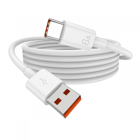 Accesorii IT - Cablu cu conectori portocalii USB la USB-C, incarcare standard 5V 2.4A sau QC 3.0/4.0, SuperCharge, PD 6A pentru Xiaomi, Huawei, Honor, model CB-03, lungime 90 cm, alb