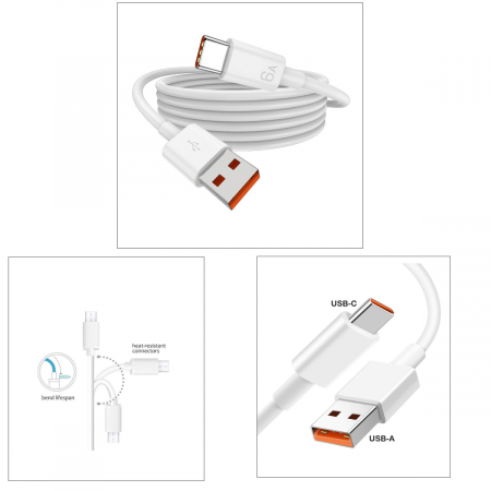 Cablu cu conectori portocalii USB la USB-C, incarcare standard 5V 2.4A sau QC 3.0/4.0, SuperCharge, PD 6A pentru Xiaomi, Huawei, Honor, model CB-03, lungime 90 cm, alb [2]