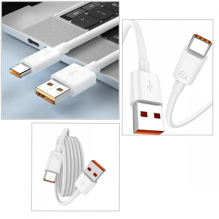 Cablu cu conectori portocalii USB la USB-C, incarcare standard 5V 2.4A sau QC 3.0/4.0, SuperCharge, PD 6A pentru Xiaomi, Huawei, Honor, model CB-03, lungime 90 cm, alb [4]
