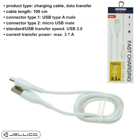 Cablu cu conectori USB-A tata la microUSB tata, 3.1A, lungime 100cm, Jellico KDS-30 64120, incarcare, transfer date, alb [5]