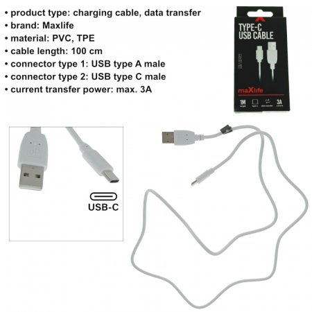 Cablu date Maxlife, USB - USB-C 1,0 m 3A, Alb [4]