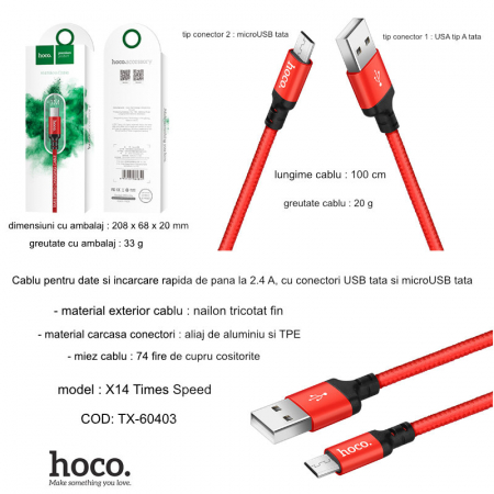 Cablu cu conectori USB la microUSB tata, HOCO X14 Times Speed, 2.4 A, lungime 1m, rosu [4]