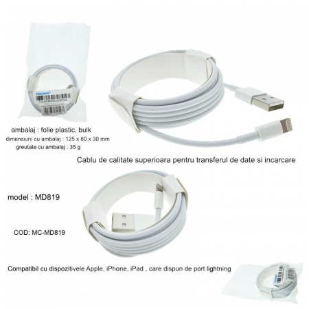 Cablu cu conectori USB tata la 8-pin lightning tata, Foxconn MD819, lungime 2m, alb [5]