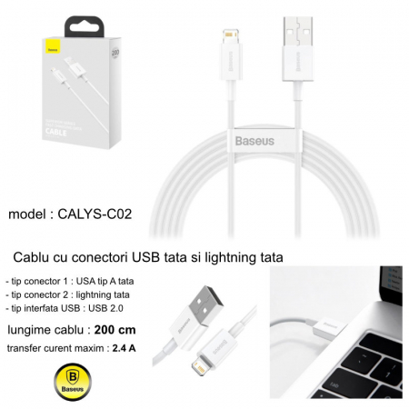 Cablu cu conectori USB tata si lightning tata, Baseus Superior Series CALYS-C02, 2.4A, lungime 2m, alb [4]