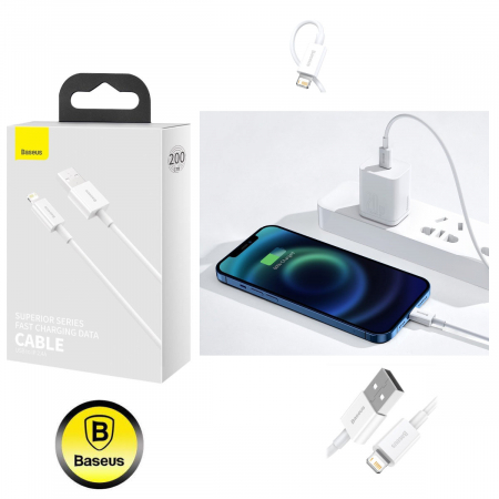 Cablu cu conectori USB tata si lightning tata, Baseus Superior Series CALYS-C02, 2.4A, lungime 2m, alb [2]