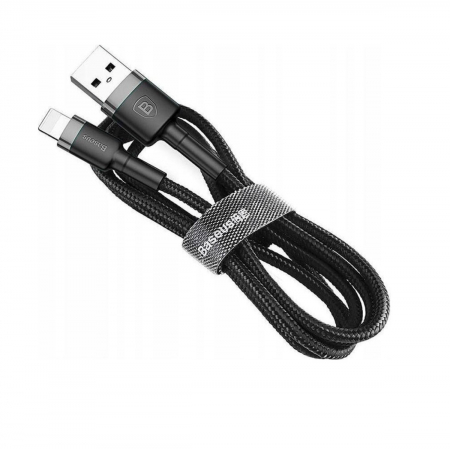 Cablu de date, Baseus Cafule Series, CALKLF-BG1, USB la Lightning, Quick Charge, 2.4 A, Lungime 1 m, Rata transfer 480 Mb/s, Negru/Gri, Tip snur acoperit cu nailon [1]