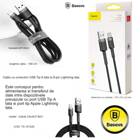 Cablu de date, Baseus Cafule Series, CALKLF-BG1, USB la Lightning, Quick Charge, 2.4 A, Lungime 1 m, Rata transfer 480 Mb/s, Negru/Gri, Tip snur acoperit cu nailon [5]