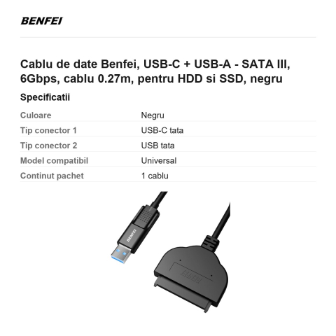 Cablu de date Benfei, USB-C + USB-A - SATA III, 6Gbps, cablu 0.27m, pentru HDD si SSD, negru [2]