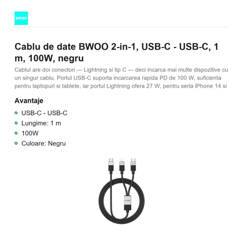 Cablu de date BWOO 2-in-1, USB-C - USB-C, 1 m, 100W, negru [1]