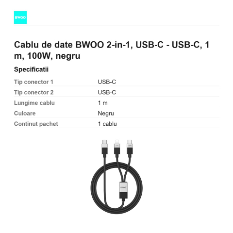 Cablu de date BWOO 2-in-1, USB-C - USB-C, 1 m, 100W, negru [2]