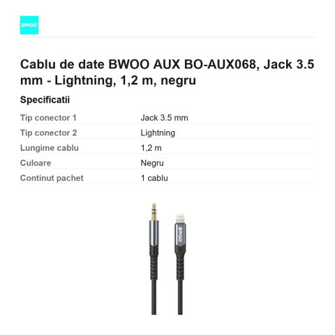 Cablu de date BWOO AUX BO-AUX068, Jack 3.5 mm - Lightning, 1,2 m, negru [2]