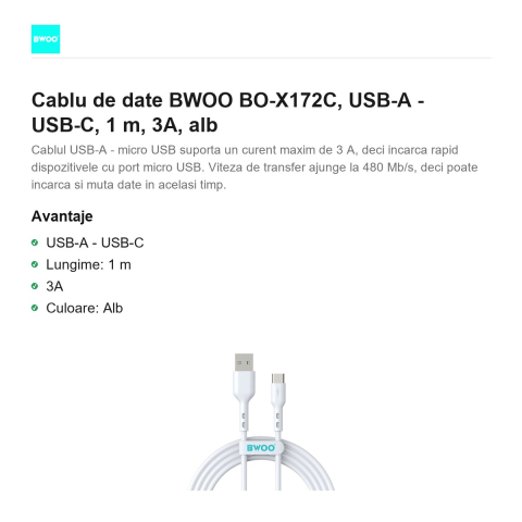 Cablu de date BWOO BO-X172C, USB-A - USB-C, 1 m, 3A, alb [1]