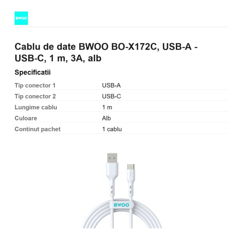 Cablu de date BWOO BO-X172C, USB-A - USB-C, 1 m, 3A, alb [2]