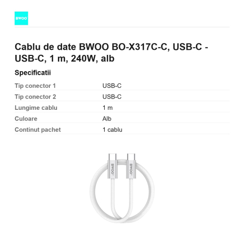 Cablu de date BWOO BO-X317C-C, USB-C - USB-C, 1 m, 240W, alb [2]