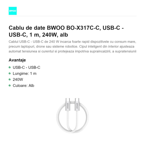 Cablu de date BWOO BO-X317C-C, USB-C - USB-C, 1 m, 240W, alb [1]