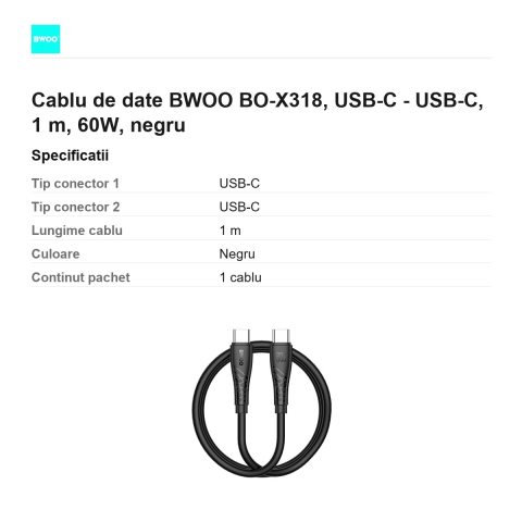 Cablu de date BWOO BO-X318, USB-C - USB-C, 1 m, 60W, negru [2]