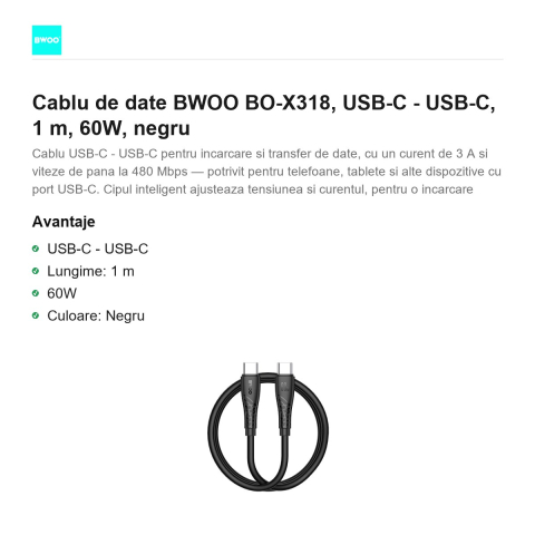 Cablu de date BWOO BO-X318, USB-C - USB-C, 1 m, 60W, negru [1]