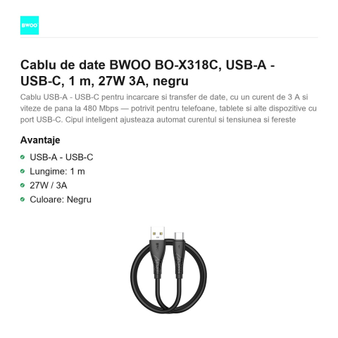 Cablu de date BWOO BO-X318C, USB-A - USB-C, 1 m, 27W 3A, negru [1]