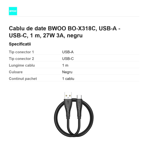 Cablu de date BWOO BO-X318C, USB-A - USB-C, 1 m, 27W 3A, negru [2]