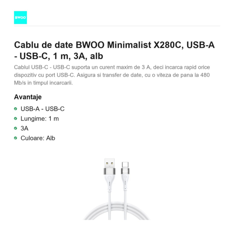Cablu de date BWOO Minimalist X280C, USB-A - USB-C, 1 m, 3A, alb [1]