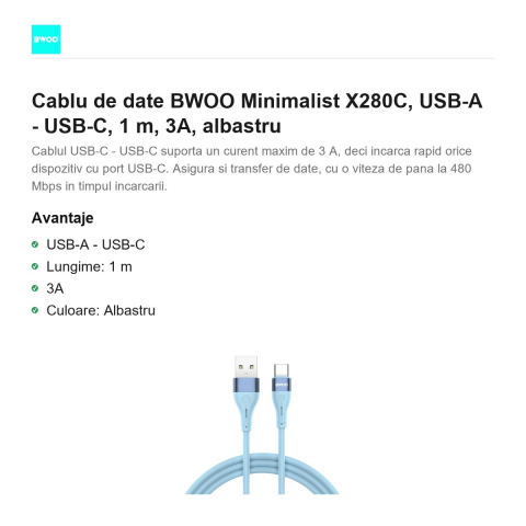 Cablu de date BWOO Minimalist X280C, USB-A - USB-C, 1 m, 3A, albastru [1]