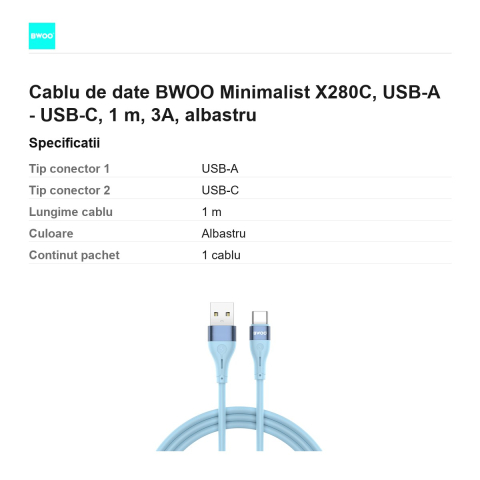 Cablu de date BWOO Minimalist X280C, USB-A - USB-C, 1 m, 3A, albastru [2]