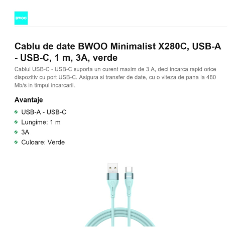Cablu de date BWOO Minimalist X280C, USB-A - USB-C, 1 m, 3A, verde [1]
