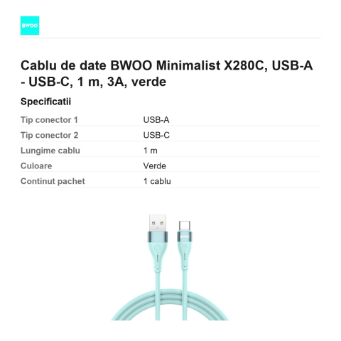 Cablu de date BWOO Minimalist X280C, USB-A - USB-C, 1 m, 3A, verde [2]